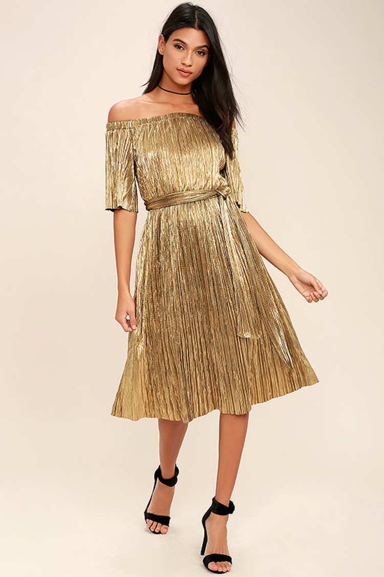 Lovely Gold Dress - Off-The-Shoulder Dress - Midi Dress - $64.00 - Lulus Lovely Gold Dress - Off-The-Shoulder Dress - Midi Dress - $64.00 - Lulus