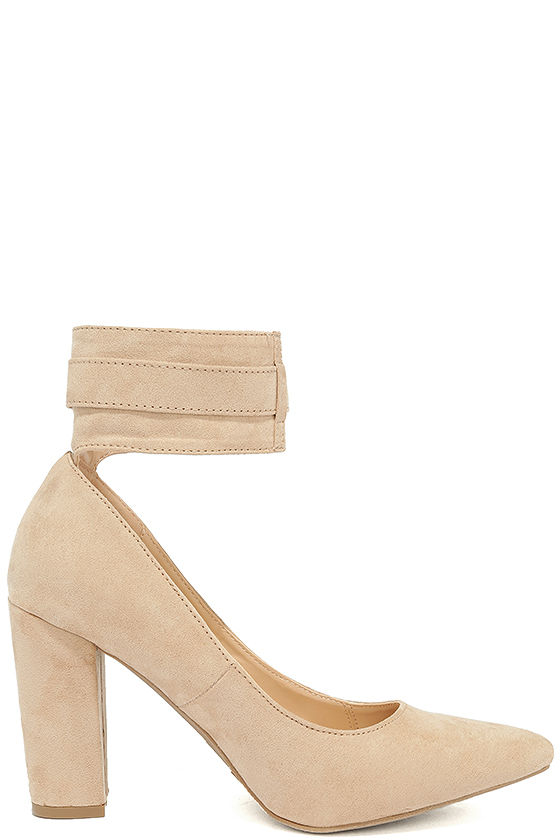 Chic Tan Heels - Vegan Suede Heels - Ankle Strap Heels - $29.00