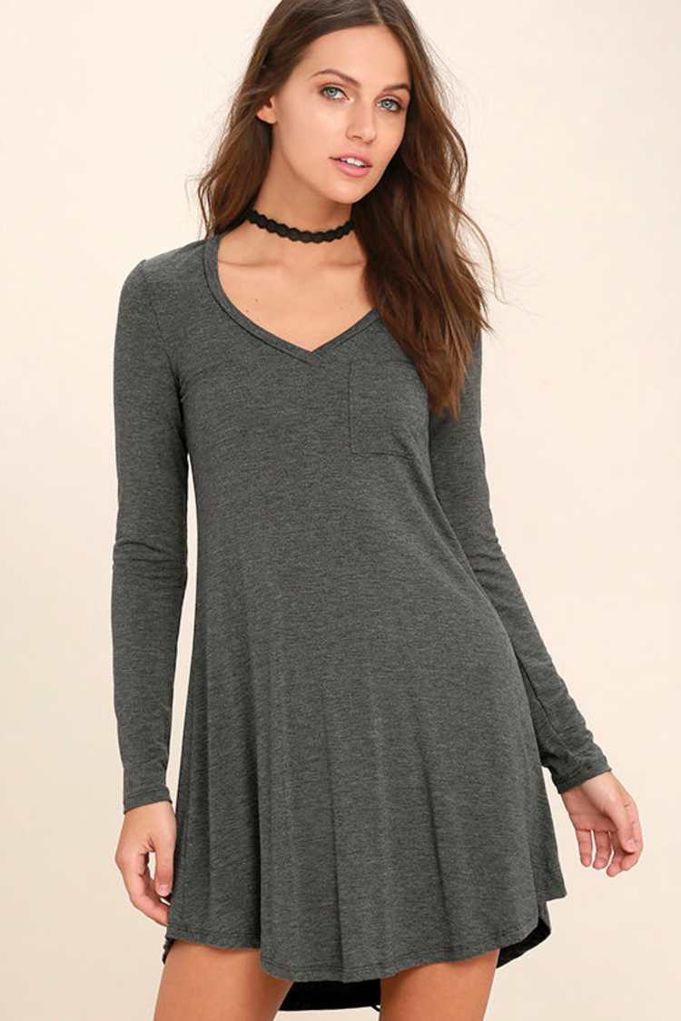 Cute Heather Grey Dress - Swing Dress- Long Sleeve Dress - Shirt Dress -  $35.00 - Lulus