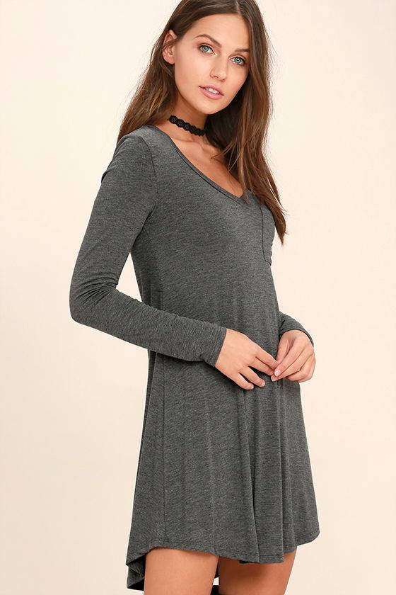 Cute Heather Grey Dress - Swing Dress- Long Sleeve Dress - Shirt Dress - $35.00
