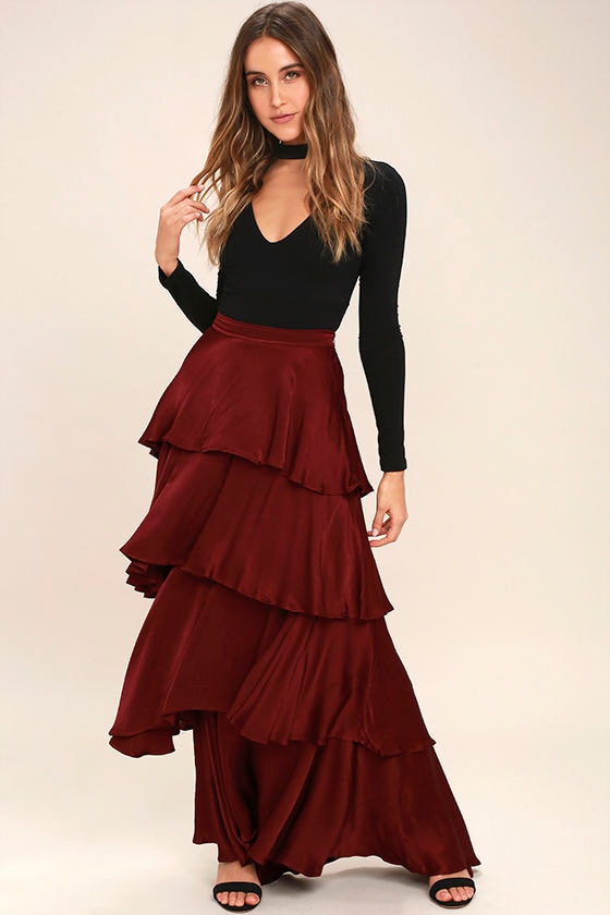 Lovely Burgundy skirt - Maxi Skirt - Tiered Skirt - Satin Skirt - Lulus