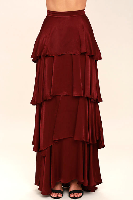 Lovely Burgundy skirt - Maxi Skirt - Tiered Skirt - Satin Skirt