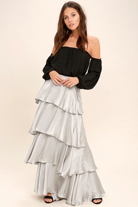 Celebrate the Occasion Silver Satin Maxi Skirt 2