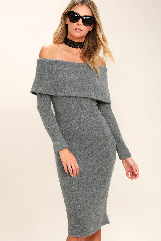 gray off the shoulder sweater dress