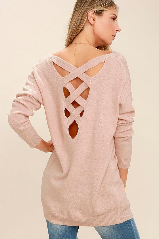 Cute Blush Pink Sweater Backless Sweater LaceUp Sweater 45.00