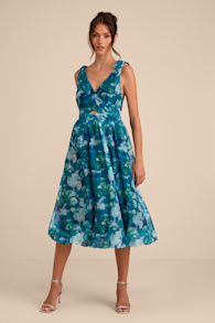 Flowering Day Dream Teal Blue Floral Organza Midi Bubble Dress 2
