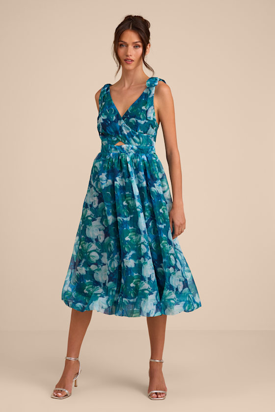 Flowering Day Dream Teal Blue Floral Organza Midi Bubble Dress 2