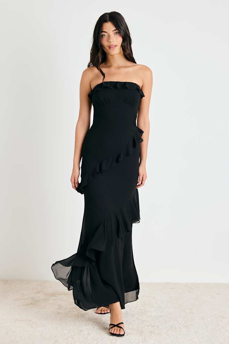 Black Ruffled Cutout Strapless Maxi Dress | Womens | XX-Small (Available in XS, S, M, L, XL) | 100% Polyester | Lulus | Prom