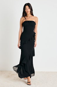 Dramatic Allure Black Ruffled Cutout Strapless Maxi Dress 2