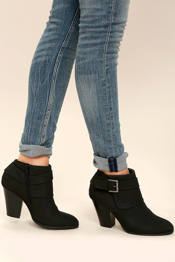 black ankle booties with brown heel