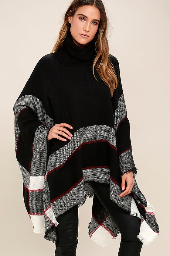 Sled Ride Red and Black Plaid Poncho 1