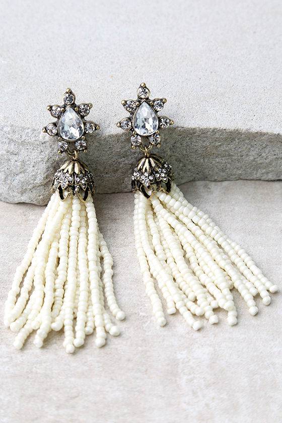 Chic Ivory Earrings Beaded Earrings Tassel Earrings 21.00 Lulus