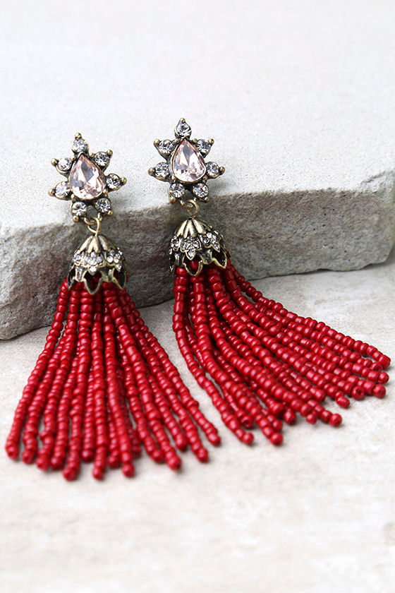 Faithfully Red Beaded Tassel Earrings