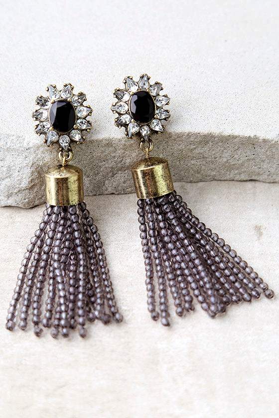 Pretty Black and Grey Earrings Beaded Earrings Tassel Earrings