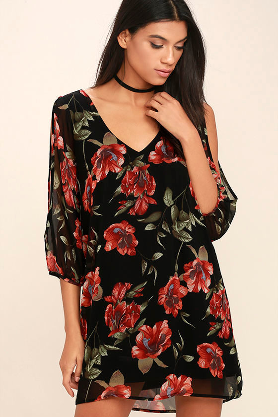 Shifting Dears Black and Red Floral Print Long Sleeve Dress