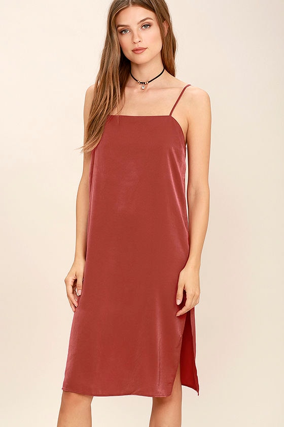 red satin slip dress
