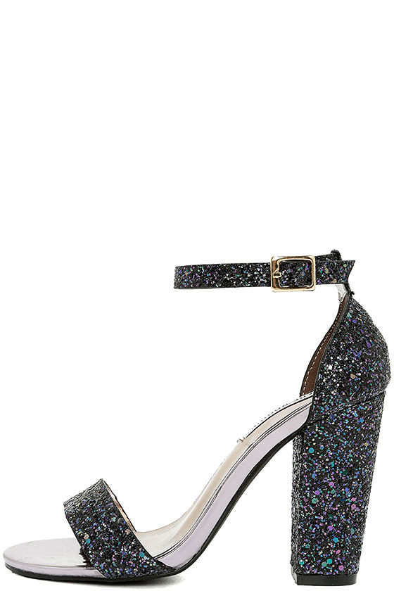 black glitter sandals heels