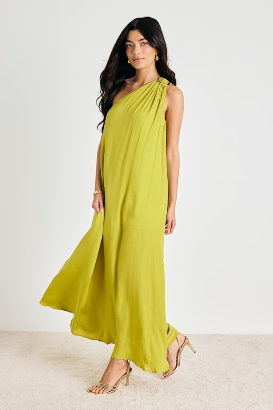 Goddess Aura Chartreuse Satin One-Shoulder Maxi Dress 1