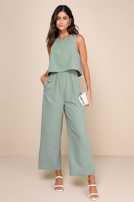 Breezy Sophistication Sage Green Textured Wide-Leg Jumpsuit 1