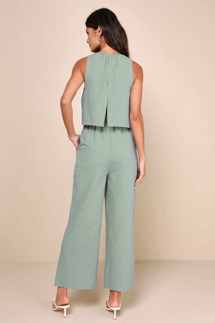 Breezy Sophistication Sage Green Textured Wide Leg Jumpsuit
