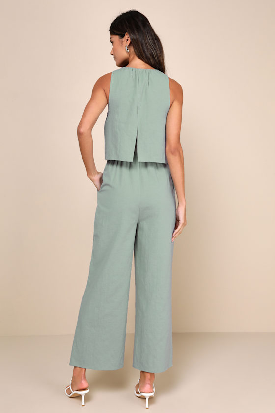 Breezy Sophistication Sage Green Textured Wide-Leg Jumpsuit 3