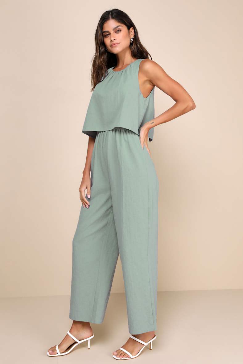 Breezy Sophistication Sage Green Textured Wide Leg Jumpsuit