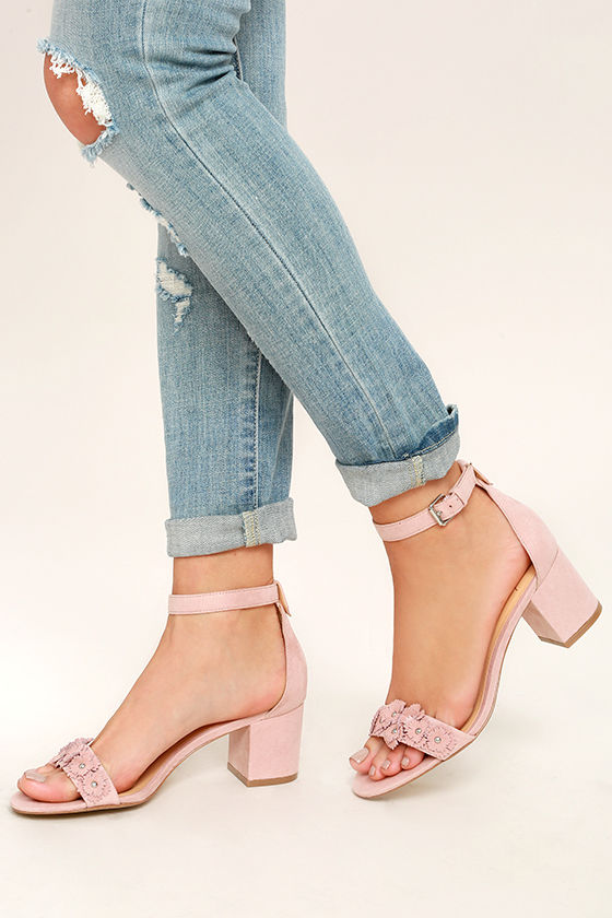 blush suede ankle strap heels