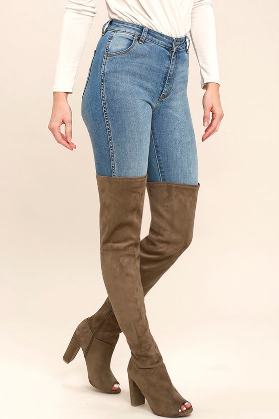 Aletha Taupe Suede Peep-Toe Thigh High Boots