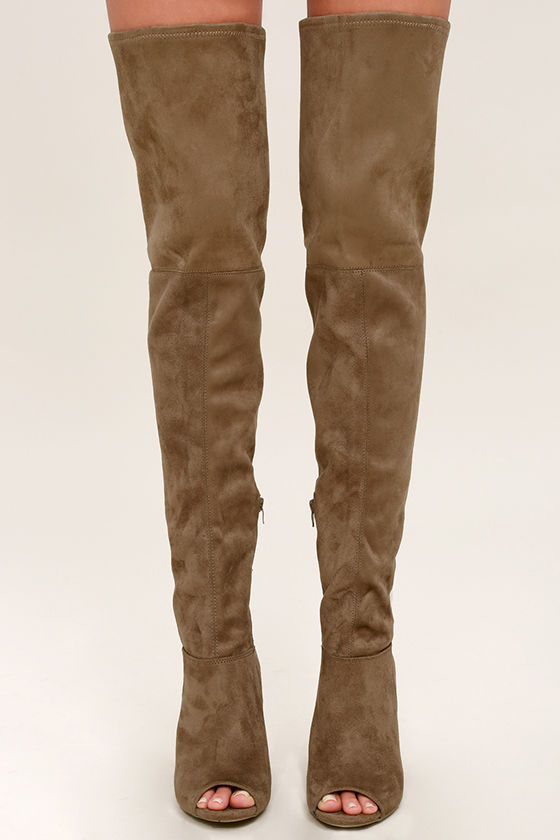 Aletha Taupe Suede Peep-Toe Thigh High Boots 2