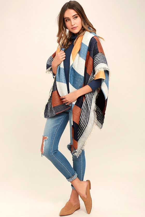 Cozy Navy Blue Print Scarf Blanket Scarf Plaid Scarf 31.00 Lulus