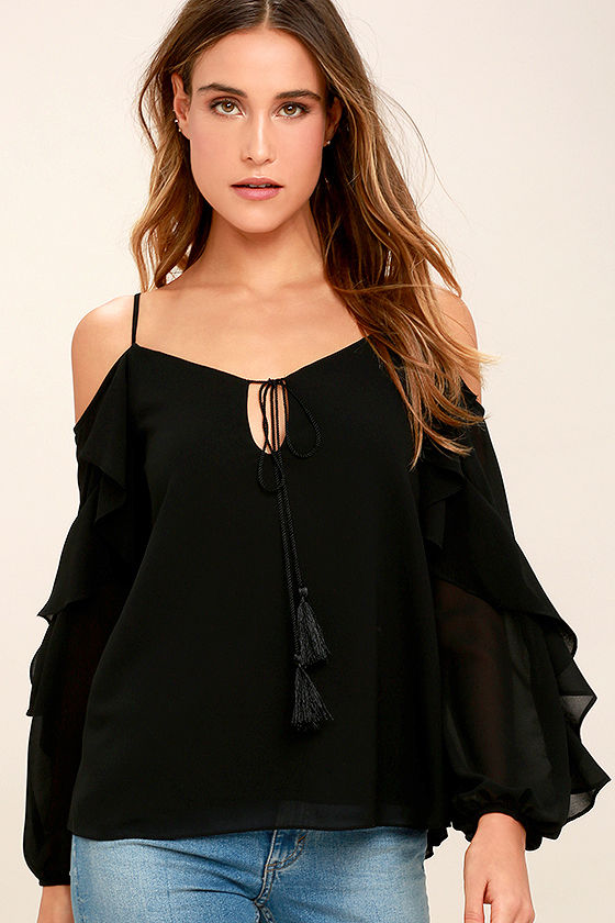 Cute Black Top OffTheShoulder Top Ruffled Top 44.00 Lulus