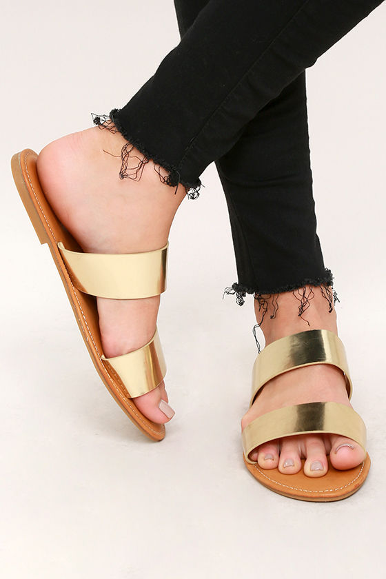 Cute Gold Slide Sandals - Vegan Leather Slide Sandals - Metallic ...