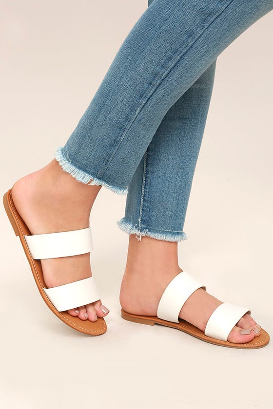 Cute White Slide Sandals - Vegan Leather Slide Sandals - White Sandals ...