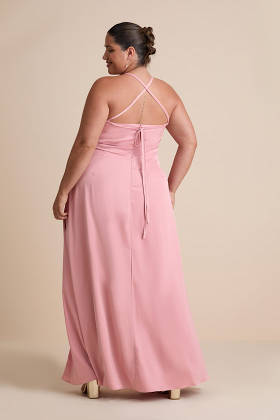 Pink Satin Dress - Lace-Up Maxi Dress - Pleated Bridesmaid Dress - Image 7