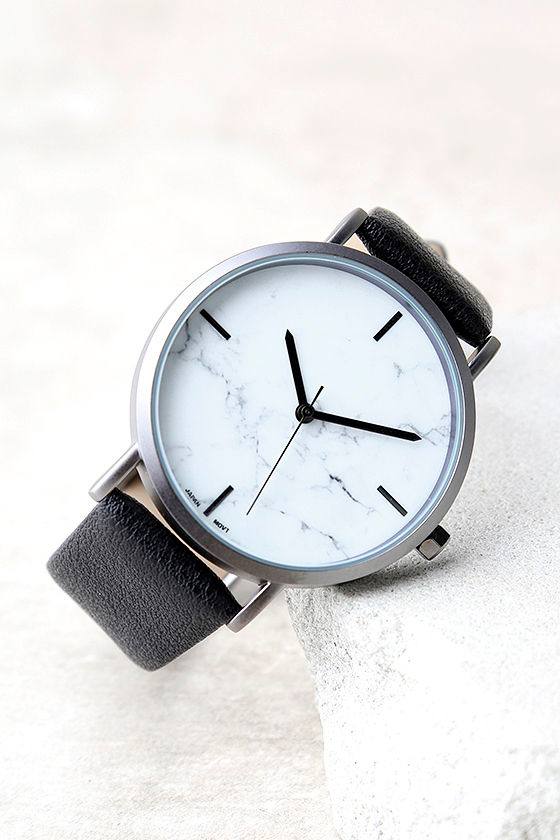 Chic White and Black Marble Watch Vegan Leather Watch Gunmetal