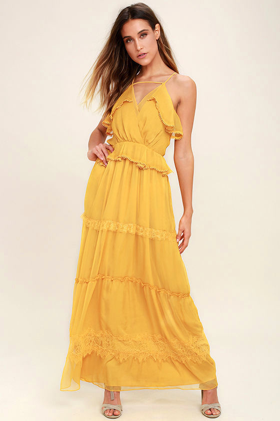 Adelyn Rae I Know Your Secret Golden Yellow Lace Maxi Dress