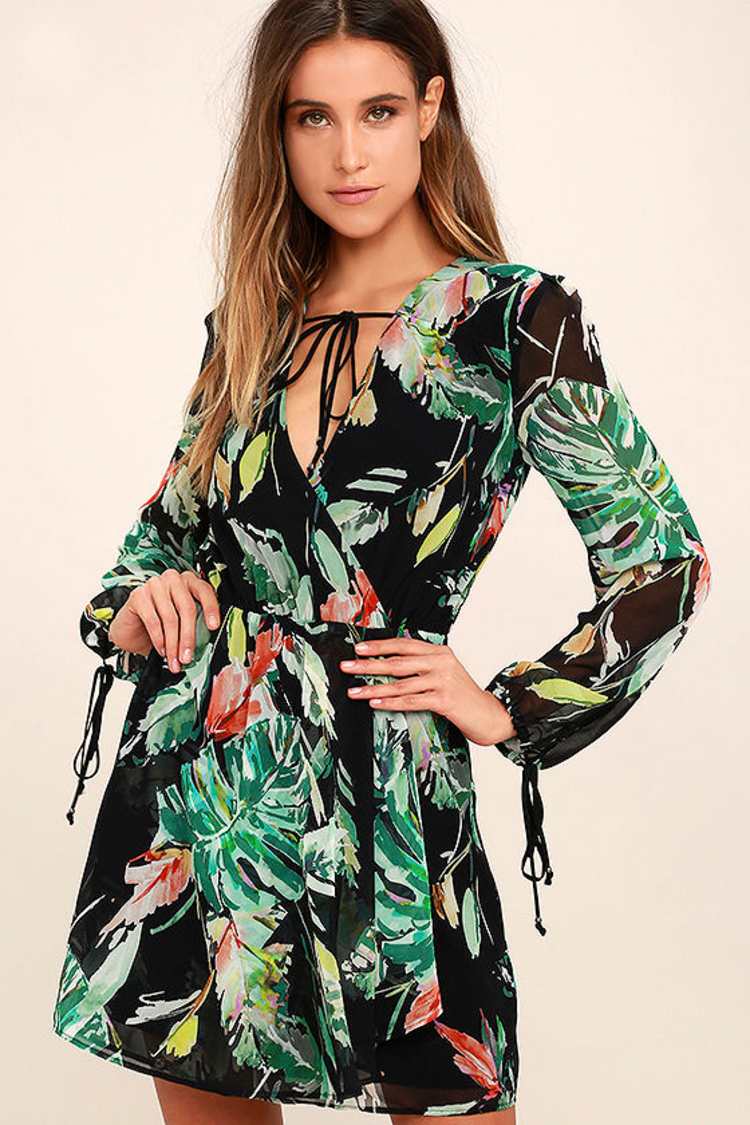 Lovely Black Dress - Floral Print Dress - Long Sleeve Dress - Wrap Dress -  $110.00 - Lulus