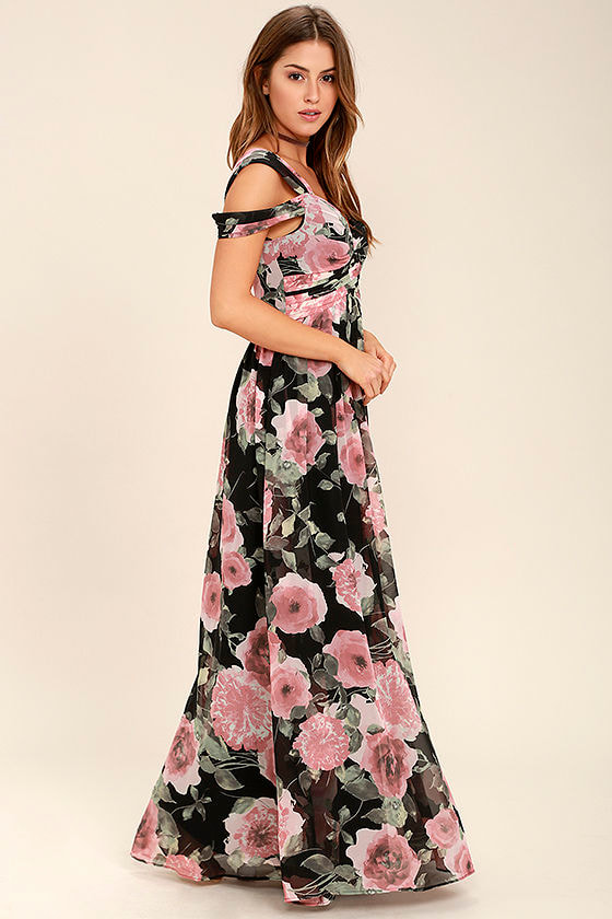 Beautiful Floral Print Maxi Dress - Black and Pink Floral Print Dress ...