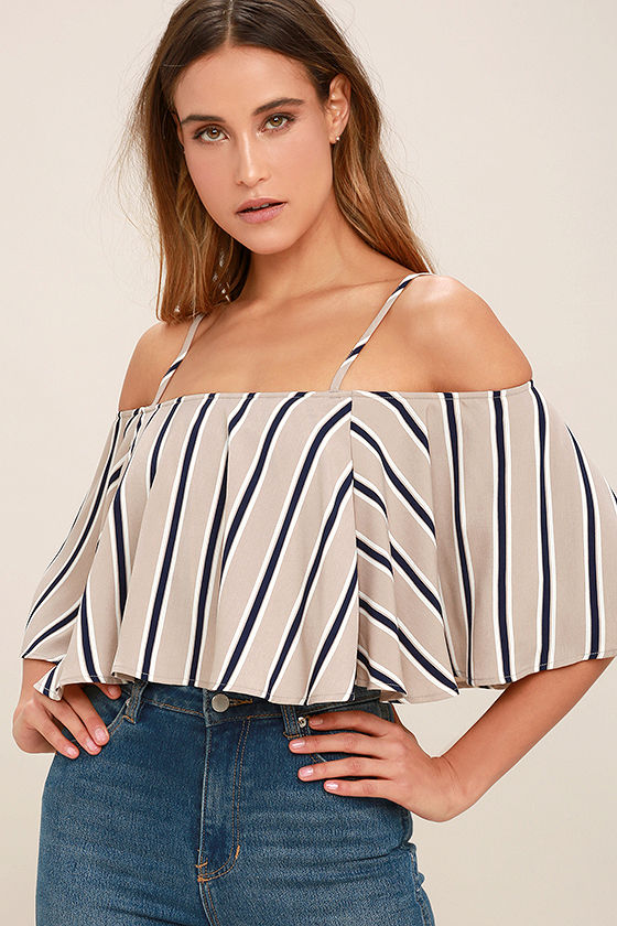 Always Welcome Taupe Striped Off-the-Shoulder Top