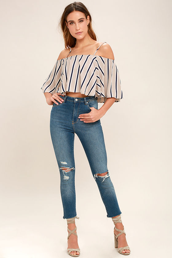 Always Welcome Taupe Striped Off-the-Shoulder Top