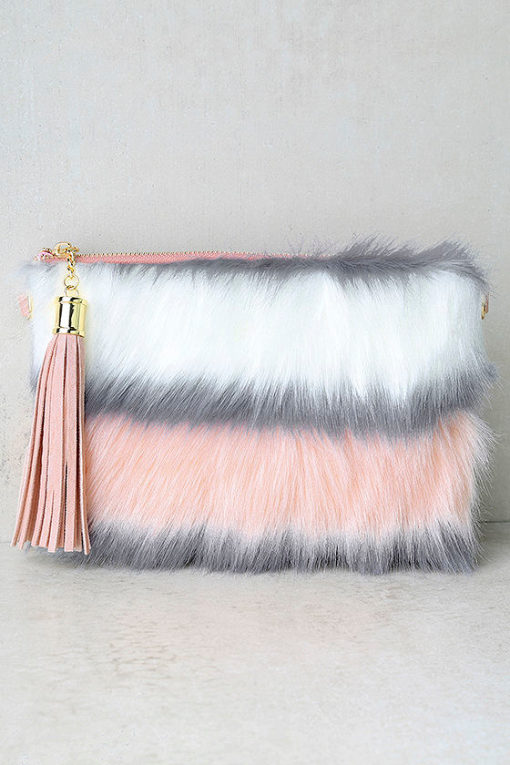 white fur clutch bag