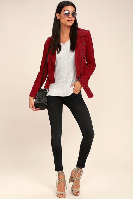 Blank NYC Backhanded Red Suede Leather Moto Jacket 2