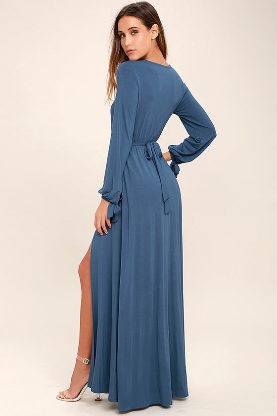 Lovely Slate Blue Dress - Maxi Dress - Long Sleeve Maxi Dress - $68.00
