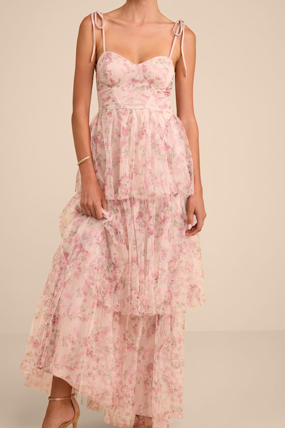 Blissfully Gorgeous Blush Floral Tie-Strap Bustier Maxi Dress 1