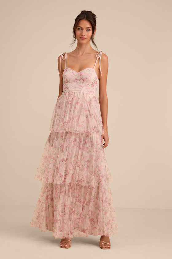 Blissfully Gorgeous Blush Floral Tie-Strap Bustier Maxi Dress 2