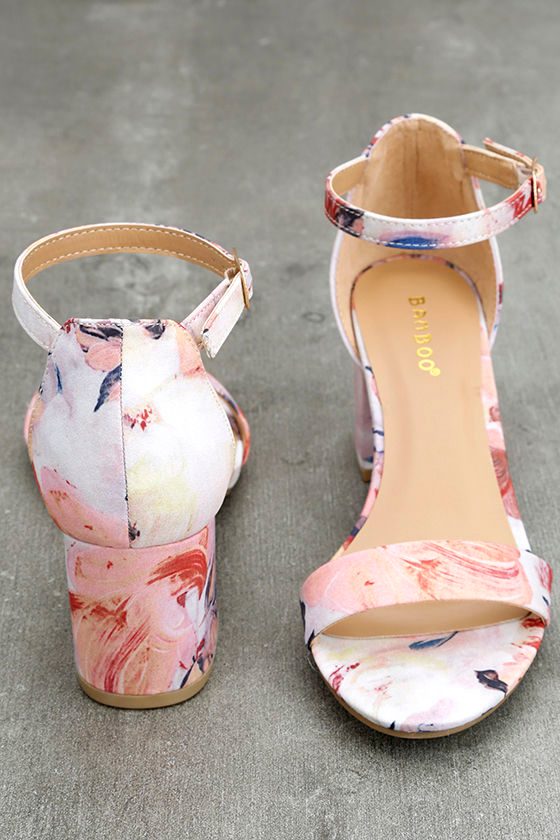 Cute Blush Floral Print Heels Ankle Strap Heels Block Heels 30.00