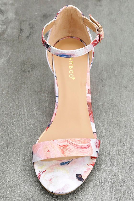 Cute Blush Floral Print Heels Ankle Strap Heels Block Heels 30.00
