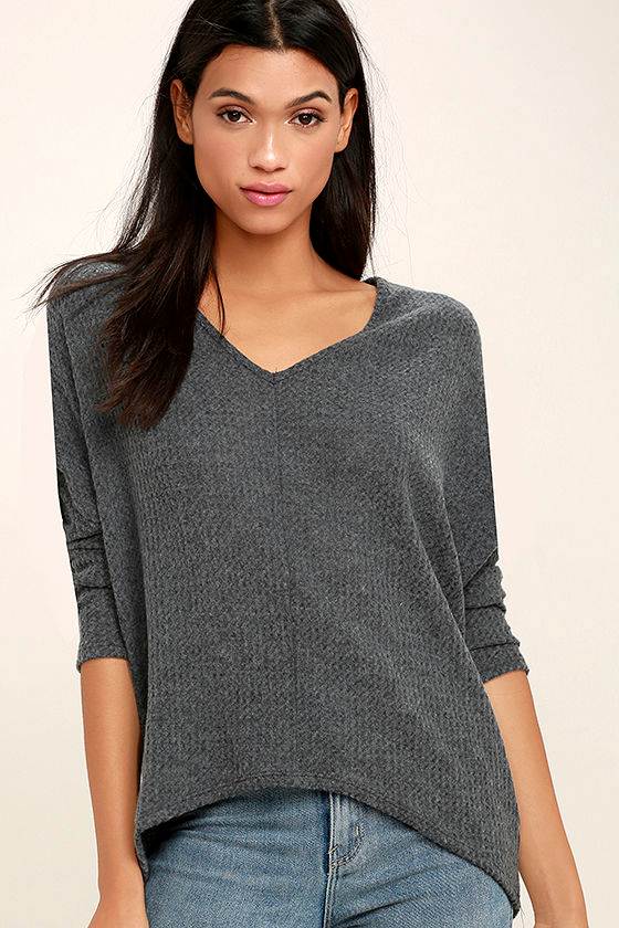 Cozy Charcoal Grey Top Long Sleeve Top Thermal Top Waffle Knit