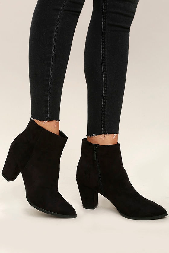 Cute Black Booties Vegan Suede Ankle Booties Block Heel Booties 33 00