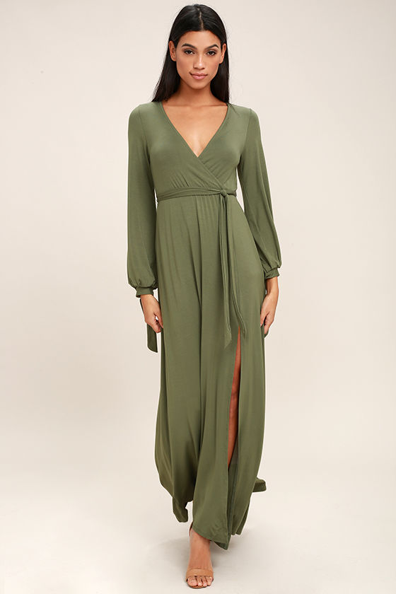 Olive green maxi dress long sleeve